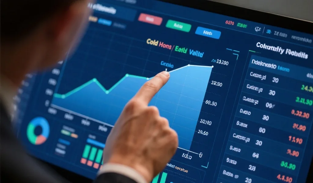 分析走势图的场景,一只手指指着图表上的冷号和遗漏值,旁边有数据说明