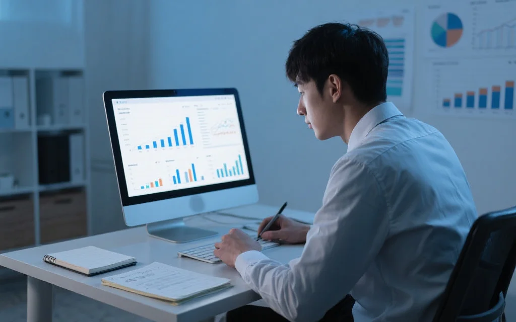 一位年轻男性在电脑前专注分析数据，旁边有笔记和统计图表，氛围理性冷静