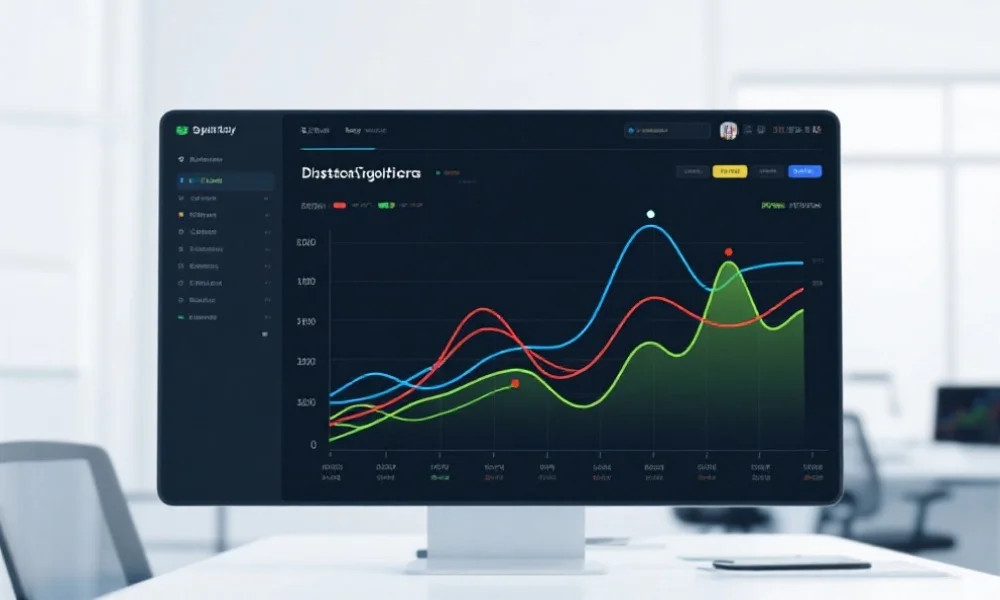 数据可视化界面，显示多条彩色曲线和突出显示的异常点，背景为简洁的办公环境